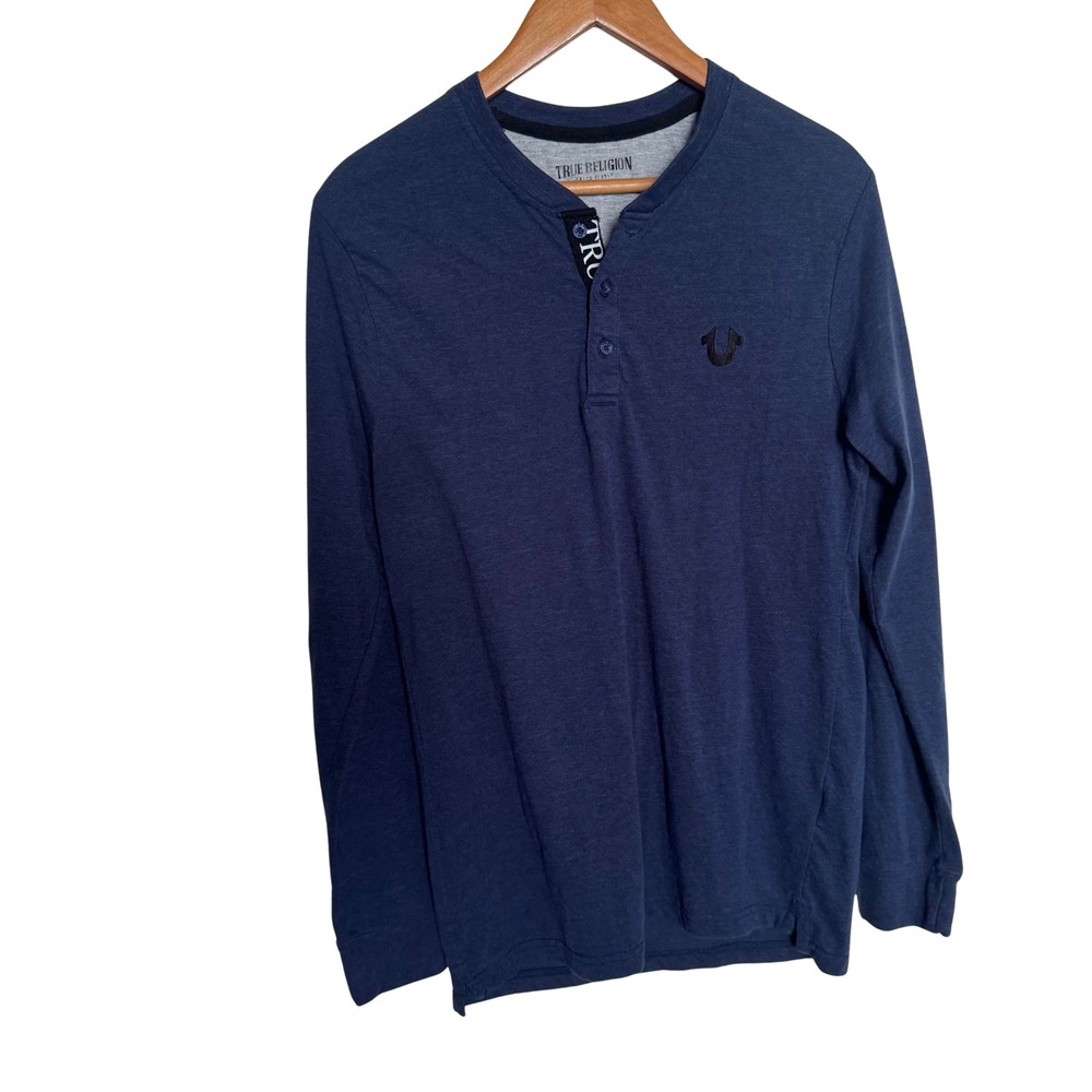 True Religion Mens Long Sleeve Henley Shirt Navy Blue Horseshoe Logo Size M